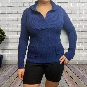 Solid Blue Chunky Cable Knit Shawl Collar Sweater size M Long Sleeve with pocket